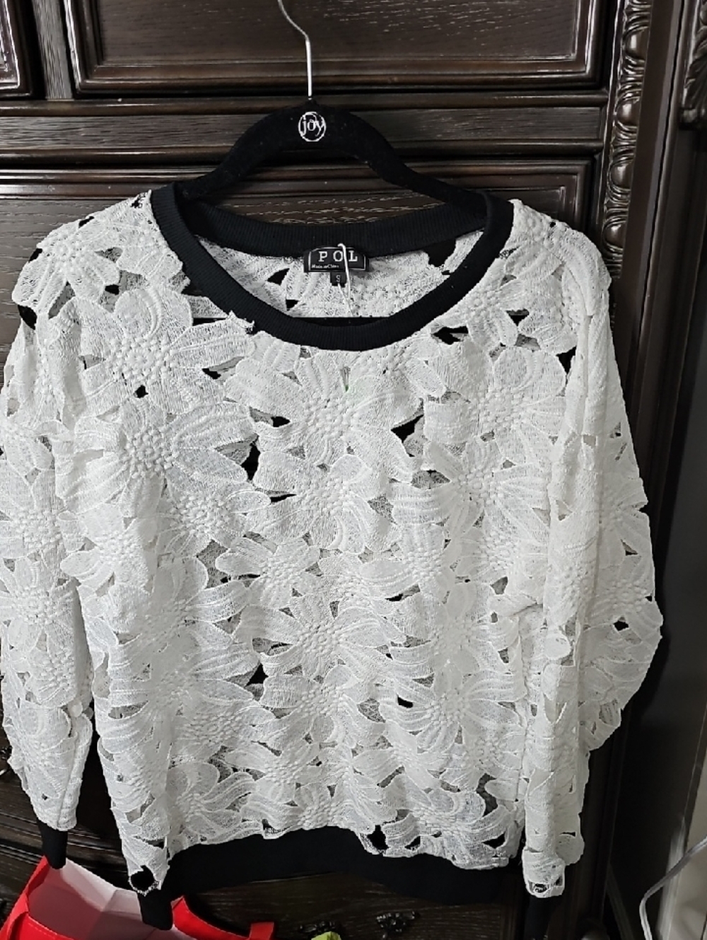 POL White Floral Lace Top with Black Trim
